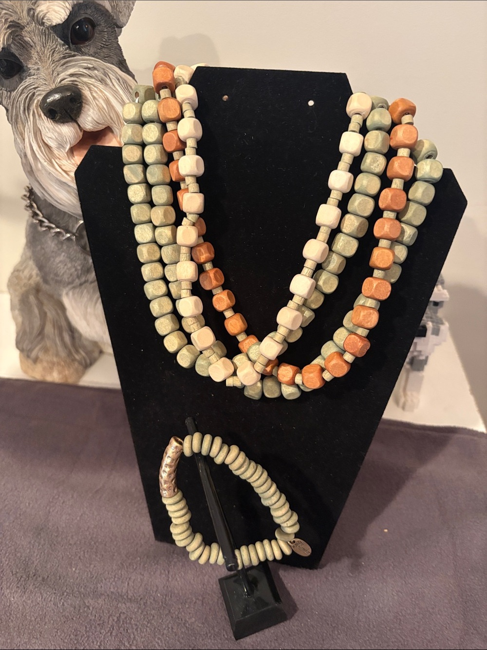 Plunder Multi-Strand Green and Tan wood Beaded Necklace with Matching Bracelet
